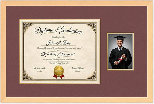 Diploma Frame With Photo Opening Natural Wood Dark Red Over Gold Mat - Fits 15 x 12 Degree and Picture Made in the USA