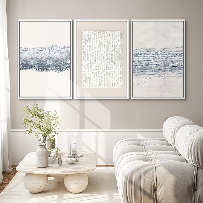 SIGNWIN Framed Canvas Print Wall Art Set Blue White Grunge Geometric Pattern Abstract Shapes Cozy Neutral Modern Art Decorative Contemporary Minimal for Living Room, Bedroom, Office - 16"x24"x3 White