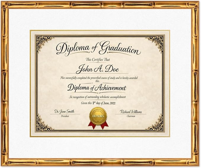 Diploma Frame Gold Bamboo with Oyster Shell Over Gold Double Mat - Fits 17 x 13 International Diploma Wall Display Made in the USA