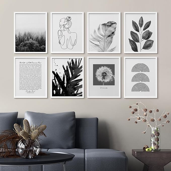 SIGNWIN Framed Poster Bathroom Decor, Wall Art Room Decor Multicolor for Living Room, Bedroom, Office Black & White Duotone Geometric Dark Plants Nature Abstract Shapes - 8"x10"x 8 White