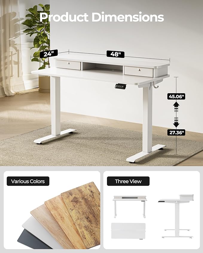FEZIBO 48 x 24 Inch Height Adjustable Electric Standing Desk with Double Drawer, Stand up Home Office Computer Desk with 4 Height-Adjustable Feets & 2 Hooks, White