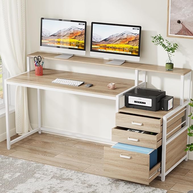 Tribesigns 63 Inch Computer Desk with File Drawer Cabinet, Ergonomic Office Desk with Monitor Stand, Industrial Computer Table with Printer Space, Wood PC Table Workstation Desk for Home Office