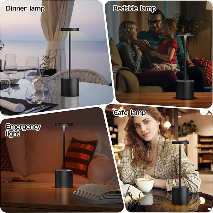 2Pack Cordless Table Lamp, Rechargeable LED Battery 5000mAh Metal USB Portable Powered Desk Lamp, 3 Levels Brightness Light for Restaurants Outdoor (2pack 10.25in Black)