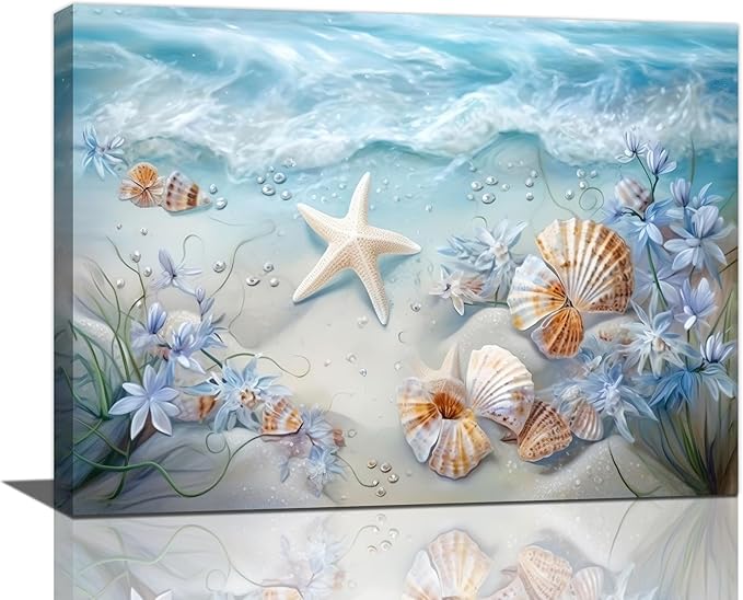 Beach Seashell Bathroom Wall Art Coastal Floral Pictures Wall Decor Flower Starfish Canvas Painting Modern Decoration Artwork for Bathroom Living Room Bedroom Office Framed 16"x12"