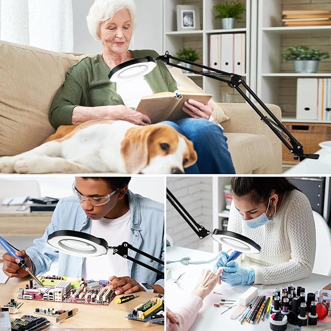 15X Magnifying Glass with Light and Clamp, Lighted Magnifying Glass Desk Lamp LED Magnifier Lamp with Light and Clamp 5 Color Mode 10 Brightness Dimmable Magnifier Lamp for Reading Close Work Craft