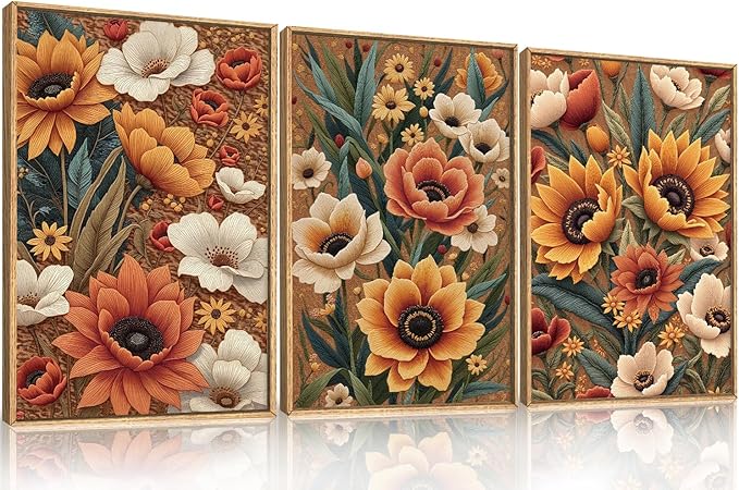 Large Boho Flower Botanical Framed Canvas Wall Art,Abstract Floral Wall Decor,Embroidery Plant Wall Painting,Bloom Wildflower Artwork for Living Room,Bedroom,Dining Room,Office -24"x36"x3