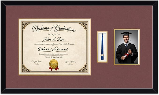 Diploma Tassel and Photo Frame Matte Black Shadowbox Dark Red Over Gold Mat - Fits 14 x 11 Degree Picture Made in the USA