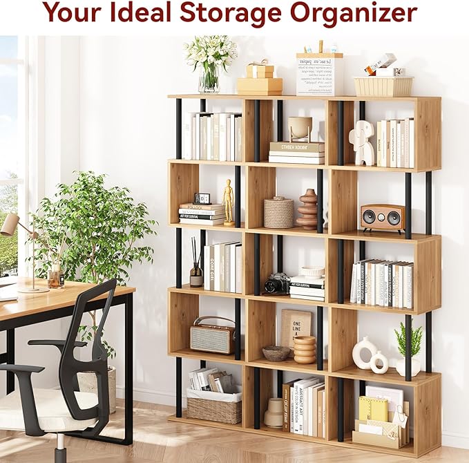 IBUYKE 6-Tier Tall Bookshelf,S-Shaped Geometric Bookcase, Wood Display Shelves with Storage,Modern Bookshelf for Living Room Bedroom, Home Office,Oak WBC016K