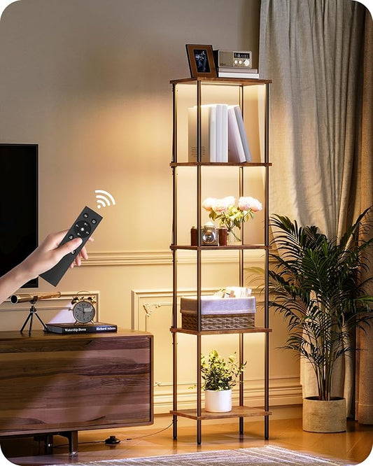Display Shelf with Light, 5-Tier Modern Shelf Lamp, Corner Floor Lamp with Shelves, Dimmable LED Floor Lamp for Living Room with Remote, 3CCT, Timer, Wooden Corner Shelf Lamp, F52LD05