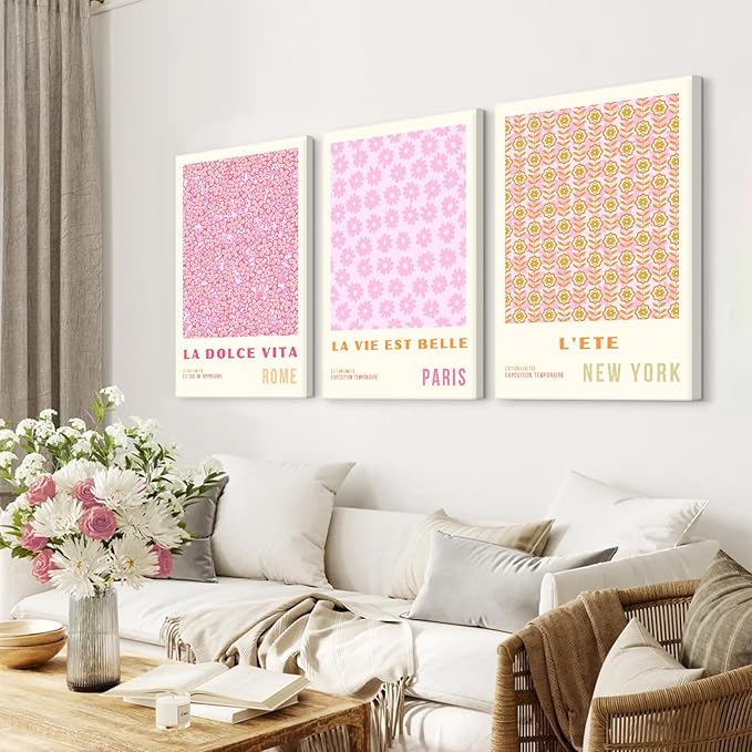 Pink Flower Market Wall Art Decor Aesthetic Abstract Canvas Floral Minimalist Wall Art Pictures Orange Floral Prints Artwork Botanical Flower Poster Colorful Painting 16x24 Inch Framed Set of 3