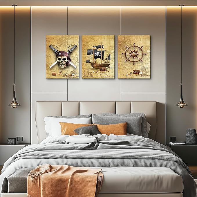Pirate ship and rudders Canvas Wall Art for Living Room Bedroom Decoration wall painting,Bathroom Wall Decor Home Decoration kitchen posters artwork，Adventure map decoration 16x12 inch/ 3 piece set