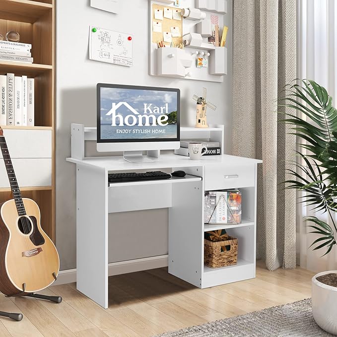Karl home Computer Desk Study Writing Desk, PC Laptop Table Wooden Home Office Workstation with Drawer Shelf Keyboard Tray, White