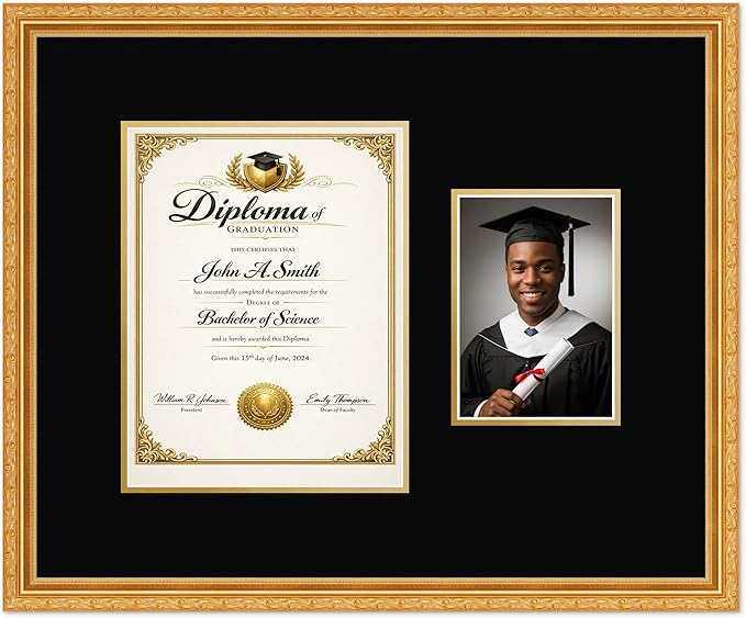 CountryArtHouse Fits 8.5 x 11 Certificate (Portrait) and 5 x 7 Photo Diploma and Photo Frame Museum Gold Genuine Hardwood with Black Over Metallic Gold Double mat