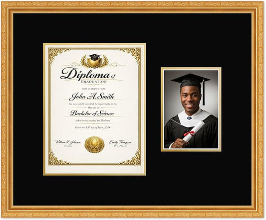 CountryArtHouse Fits 8.5 x 11 Certificate (Portrait) and 5 x 7 Photo Diploma and Photo Frame Museum Gold Genuine Hardwood with Black Over Metallic Gold Double mat