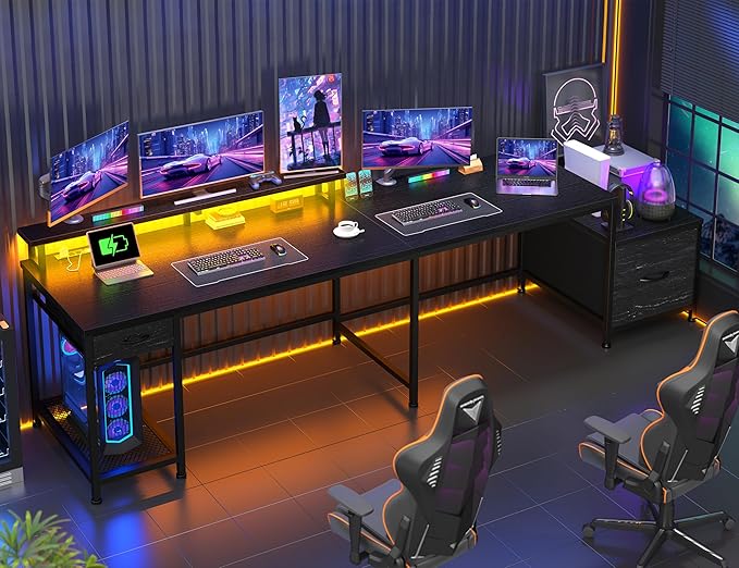 95.6'' Office Desk with LED Lights & Power Outlets, L Shaped Gaming Desk with Drawers, Two Person Computer Desks with Monitor Stand for Home Office, Study Room and Bedroom, Black