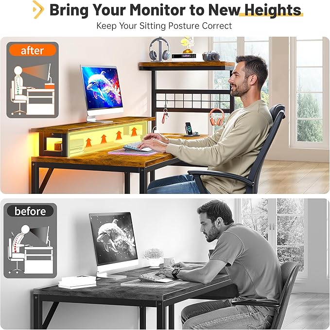 EnHomee 48" Computer Desk with Power Outlets & LED Lights, Gaming Desk with Drawer & Storage Shelves, Reversible Home Office Desk with Monitor Stand, for Living, Study Room, Gaming Room, Rustic Brown