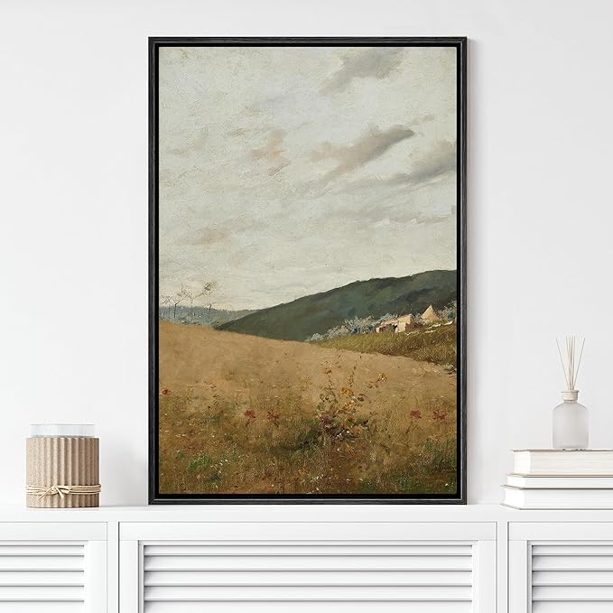 MUDECOR Framed Canvas Print Wall Art Autumn Field Landscape Illustrations Minimalism Decorative Relax Colorful for Living Room, Bedroom, Office - 16"x24" Black