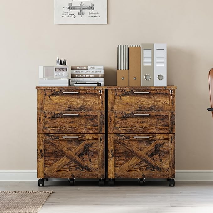 3-Drawer Rolling File Cabinet with Lock - Wooden Mobile Filing Cabinet for Home Office, Under Desk Storage Organizer fits Letter/A4/Legal Size, Sturdy Printer Stand with Locking Casters, Rustic Brown