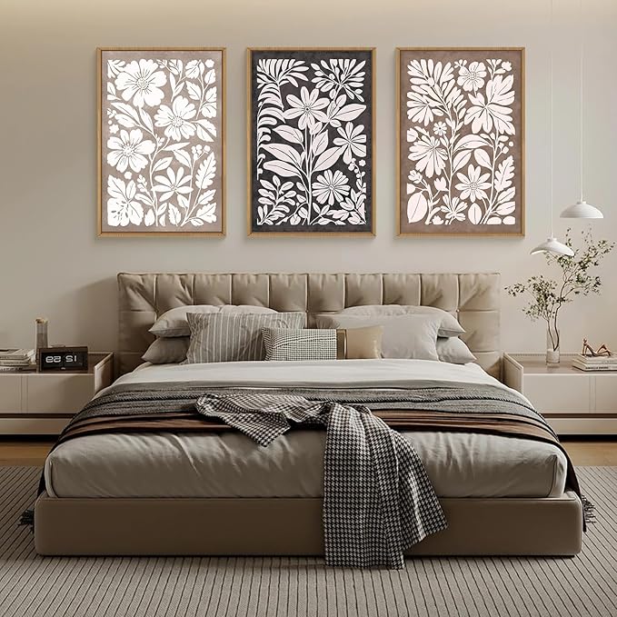 HLNIUC Black Brown Botanical Flower Wall Art Framed, Neutral Minimalist Wildflower Wall Decor set of 3 (24"x36"), Rustic Farmhouse Grey Canvas Painting, Nature Prints for Living Room, Bedroom, Office