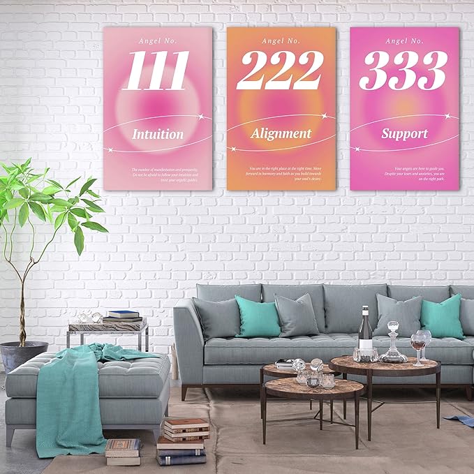 Colorful Gradient Aura Angel Numbers Poster Canvas Print Artwork Room Decor for Bedroom Aesthetic, 3 Piece Framed Inspirational Minimalist Art Paintings Decor for Bedroom Office 24"x36" x 3 Pcs