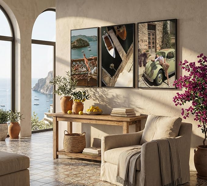 3Pcs Mediterranean Coastal Canvas Wall Art Vintage Italian Travel Photography Posters Prints Beach Vacation Lifestyle Pictures Wall Decor for Living Room Bedroom Office Home Decoration Unframed