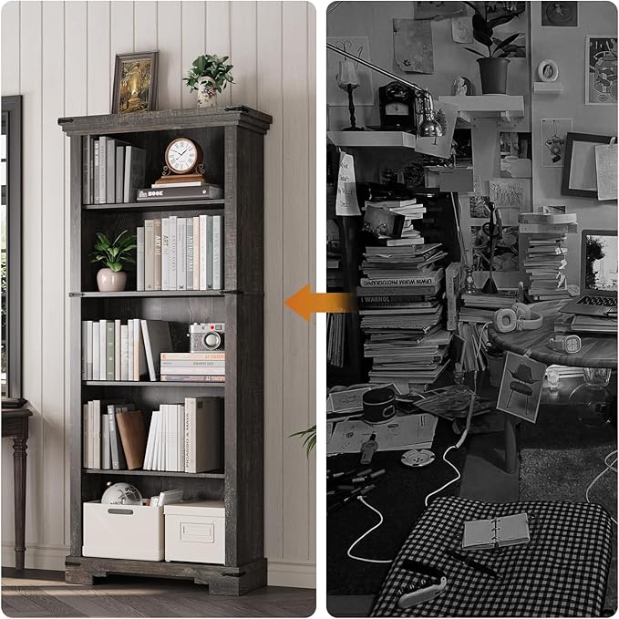 5-Tier Farmhouse Bookshelf, 61.1 inch Tall Bookcase with Storage & Unique Design & One Adjustable Shelf, Wooden Bookshelf for Study Room, Living Room, Home Office, Bedroom (Black)