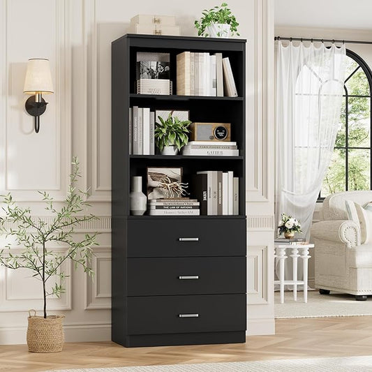FOTOSOK 71“H Black Bookshelf with Drawers, Bookshelf and Bookcase with 3-Tier Open Shelves, Tall Bookcase Tall Storage Cabinet for Home Office