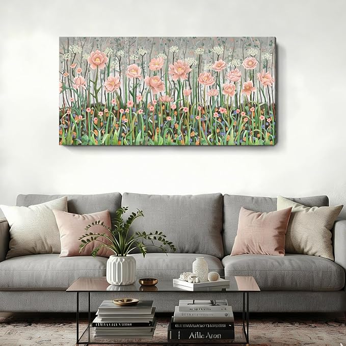 amatop Botanical Wildflower Wall Art, Large Rustic-Inspired Pink and Green Forest Canvas Print – Nature Flower Picture for Living Room, Bedroom & Cabin Home Decor (48x24in)
