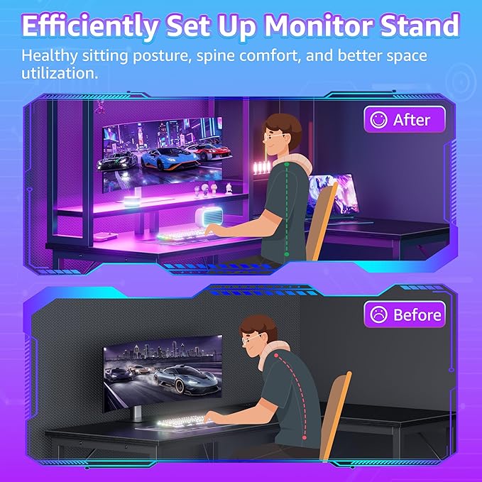 L Shaped Gaming Desk with Shelves - 48 inch Corner Computer Desks with Storage Hutch Shelf Reversible Pegboard Led Lights Power Outlets PC Monitor Stand for Bedroom, Black