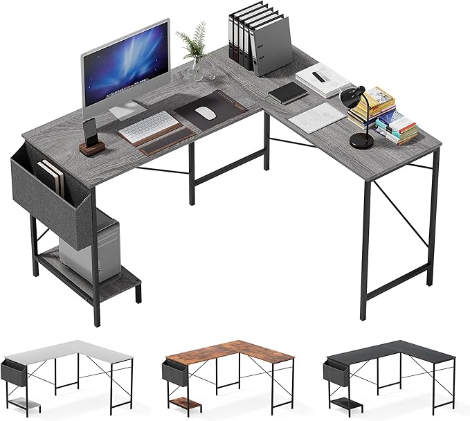 L Shaped Desk - 50" Reversible Home Office Computer Desk, Wood Top, Metal Frame, Side Bag, Sturdy Gaming Desk Corner Table for Work, Writing and Study, Space-Saving