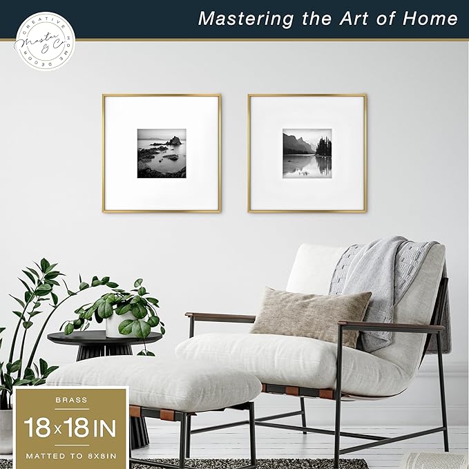 MCS Master & Co. Foundry Metal 18x18 Matted Picture Frame with 8x8 Photo Display, Brass Vertical & Horizontal Wall Hanging Frame for Photos & Artwork (2-Pack)