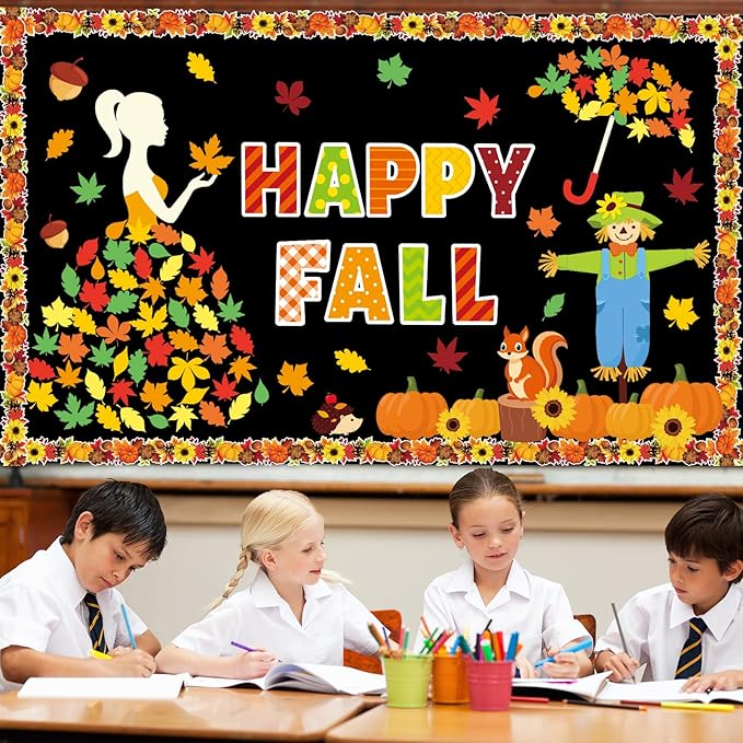 gisgfim Thanksgiving Fall Bulletin Board Decorations Happy Autumn Themed Party Paper Cutouts Maple Leaf Pumpkin Squirrel Bulletin Board Set for Home School Classroom Wall Decoration Decor Supplies