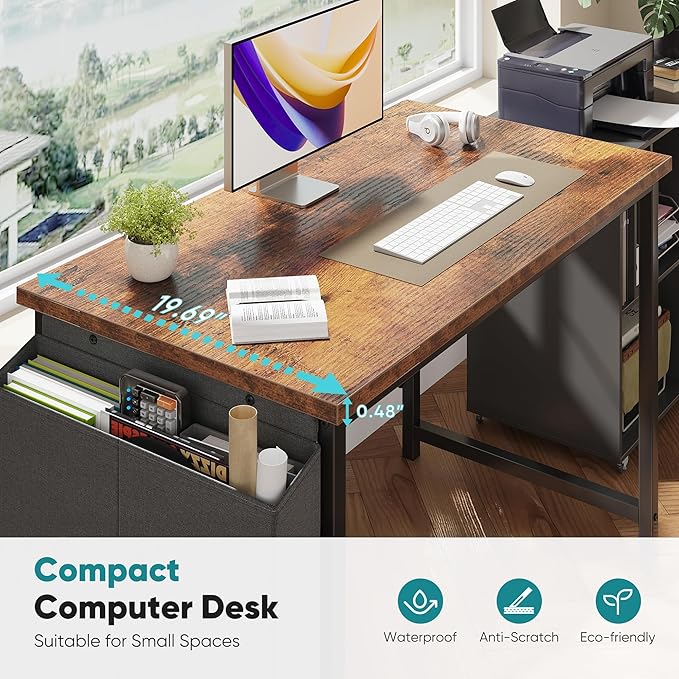 OLIXIS Computer Desk 44 Inch Home Office Desks for Small Spaces, Gaming Writing Study Work Table with Storage Bag for Bedroom, Rustic Brown