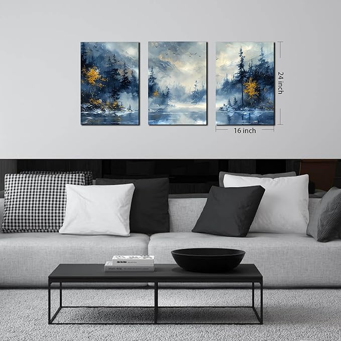 SIXTTART Trees Canvas Wall Art for Living Room - Blue Forest Wall Decor Office - 3 Piece Pictures Wall Art Size 16" x 24"