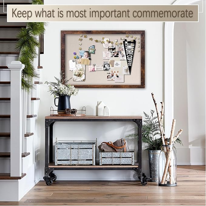 Large Magnetic Bulletin Board 36 x 24 Inch for Wall,Rustic Framed Cork Board with Linen for Home Office School,with 4 Push pins, 4 Magnets