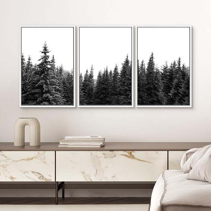SIGNWIN 3 Piece Framed Canvas Wall Art Woodland Nursery Decor Black and White Forest Photo Nature Illustrations Abstract Traditional Home Artwork Decoration for Living Room,Bedroom - 24"x36"x3 White