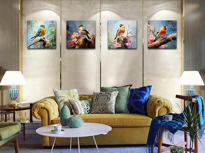 Canvas Wall Art Paintings of Colorful Birds Sitting on Tree Branch With Flowers for Bedroom Modern Wall Decor Picture Framed Artwork Prints Paintings for Bathroom Kitchen Decorations 12"x12"x4 Pieces