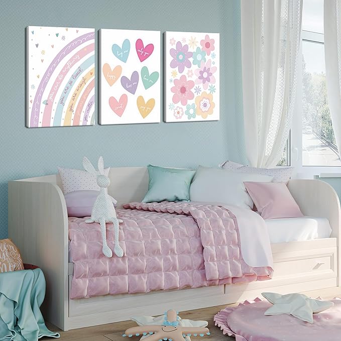 3 Pieces Nursery Boho Wall Art, Framed Cartoon Rainbow Canvas Prints, Colorful Heart Wall Decor, Cute Flower Posters Artwork, Pink Girls Room Aesthetic for Bedroom Dormitory – 12x16in