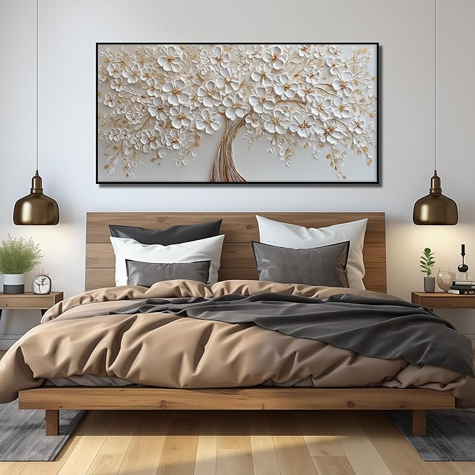 Tree Pictures Wall Decor Dining Room White Flower Canvas Wall Art for Bedroom Women Large Black Framed Wall Art for Living Room 29 x 58 Inch