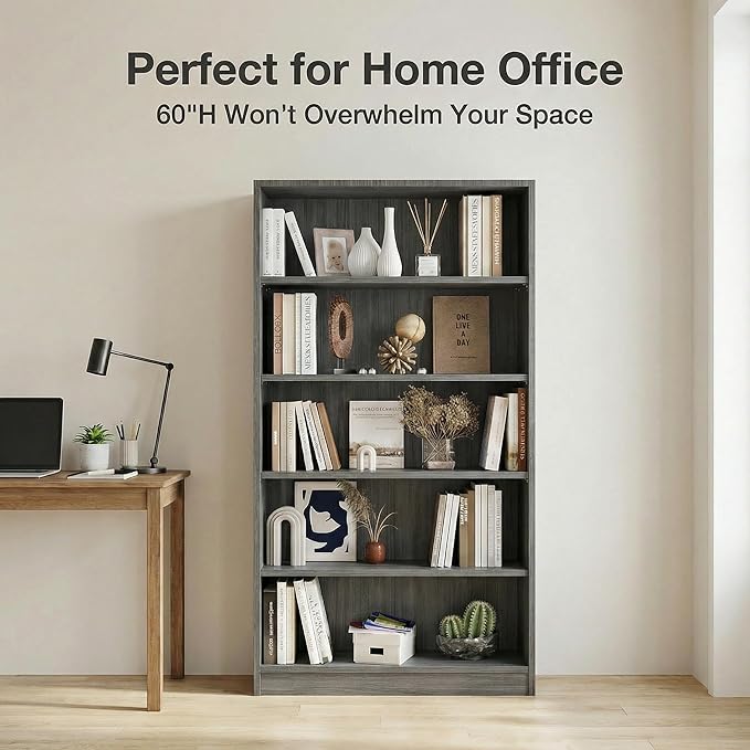 5 Tier Wooden Bookshelf, 60" H Tall Book Shelf with Adjustable Shelves, 33" Wide Bookshelf for Home Office, Living Room
