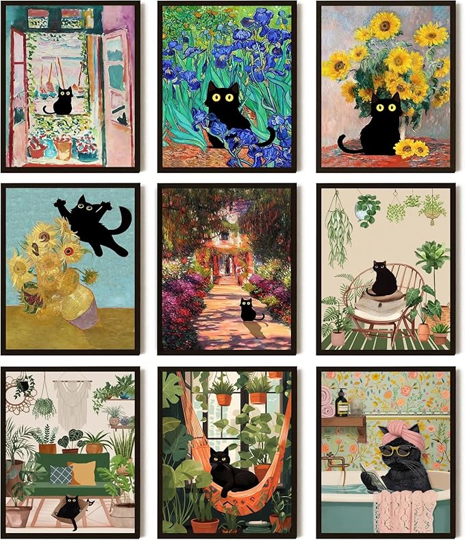 SEHSUVC Funny Black Cat Canvas Wall Art Set of 9, Vintage Van Gogh Black Cat Posters Prints, Colorful Cat Floral Aesthetic Prints Wall Decor Paintings for Bedroom Bathroom Dorm Home Decor 8x10In Unframed