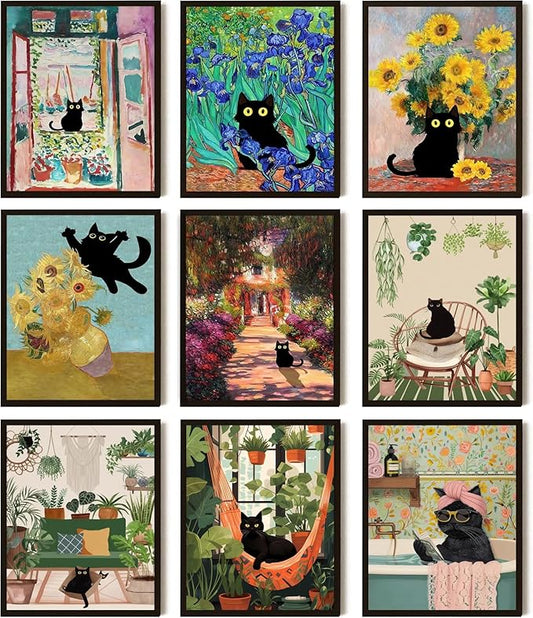 SEHSUVC Funny Black Cat Canvas Wall Art Set of 9, Vintage Van Gogh Black Cat Posters Prints, Colorful Cat Floral Aesthetic Prints Wall Decor Paintings for Bedroom Bathroom Dorm Home Decor 8x10In Unframed