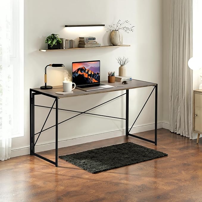 Homy Casa 55.1 Inch Foldable Laptop Desk, Space-Saving Computer Table with No Assembly Required, Sturdy Metal Frame, Minimalist Design for Home Office, Study, or Small Spaces, Vintage Brown