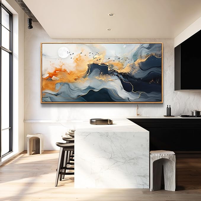 MHARTK66 Abstract Wall Art Large Canvas Picture Ready to Hang Marble Fluid Art with Gold Foil Moon & Bird Design Wood Frame Home Decor for Living Room Bedroom Office Wall Decorative Artwork