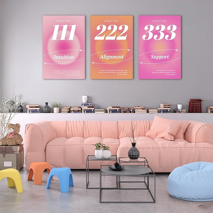 Colorful Gradient Aura Angel Numbers Poster Canvas Print Artwork Room Decor for Bedroom Aesthetic, 3 Piece Framed Inspirational Minimalist Art Paintings Decor for Bedroom Office 20"x30" x 3 Pcs