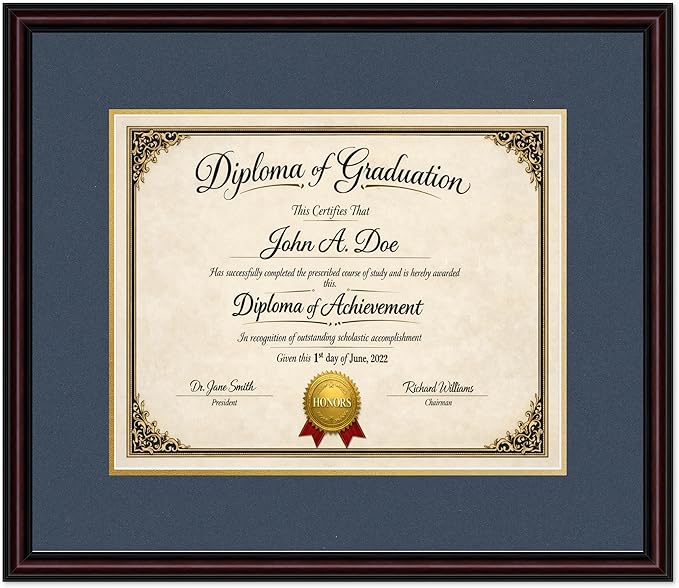 Diploma Frame Executive Brown with Navy Blue Over Gold Double Mat - Fits 15 x 12 Military/Government Wall Display Made in the USA