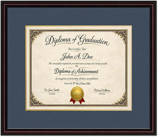 Diploma Frame Executive Brown with Navy Blue Over Gold Double Mat - Fits 15 x 12 Military/Government Wall Display Made in the USA