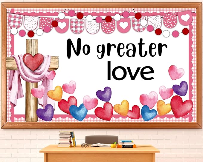 Valentine's Day Christian Bulletin Board Decoration Set Love Heart Cross Bible Verse No Greater Love Bulletin Board Classroom Decoration Cutouts for Sunday School Church VBS Wall Door Decors