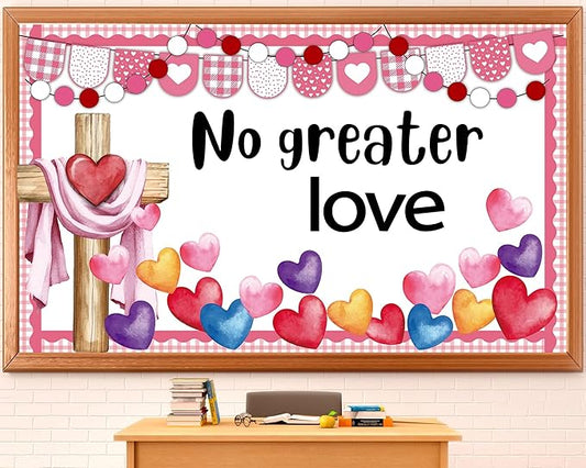 Valentine's Day Christian Bulletin Board Decoration Set Love Heart Cross Bible Verse No Greater Love Bulletin Board Classroom Decoration Cutouts for Sunday School Church VBS Wall Door Decors