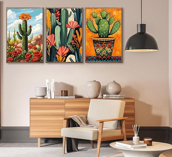 XXOUYLQ 3pcs Mexican Cactus Canvas Wall Art Vintage Desert Floral Posters Boho Southwestern Botanical Pictures Cactus in the desert Wall Decor Paintings Southwestern Potted Plants Prints unframed